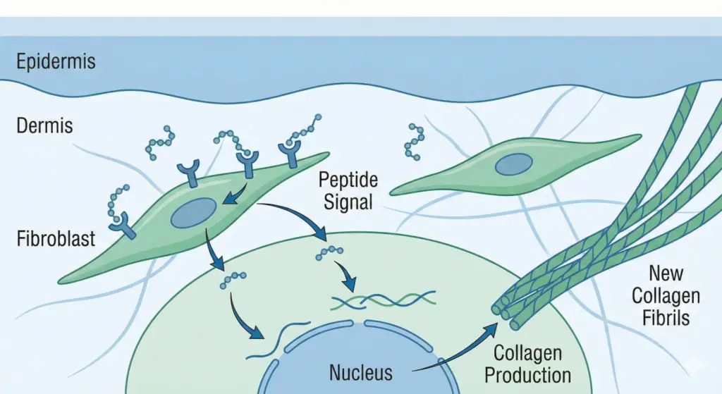 Figure 1: Mechanism of Peptide-Induced Collagen Synthesis. This diagram illustrates how bioactive peptides bind to receptors on fibroblast cells in the dermis. This binding initiates a signal cascade that travels to the nucleus, triggering the gene expression for new collagen production. The newly synthesized pro-collagen is then secreted and assembled into strong collagen fibrils, reinforcing the skin's structural integrity.