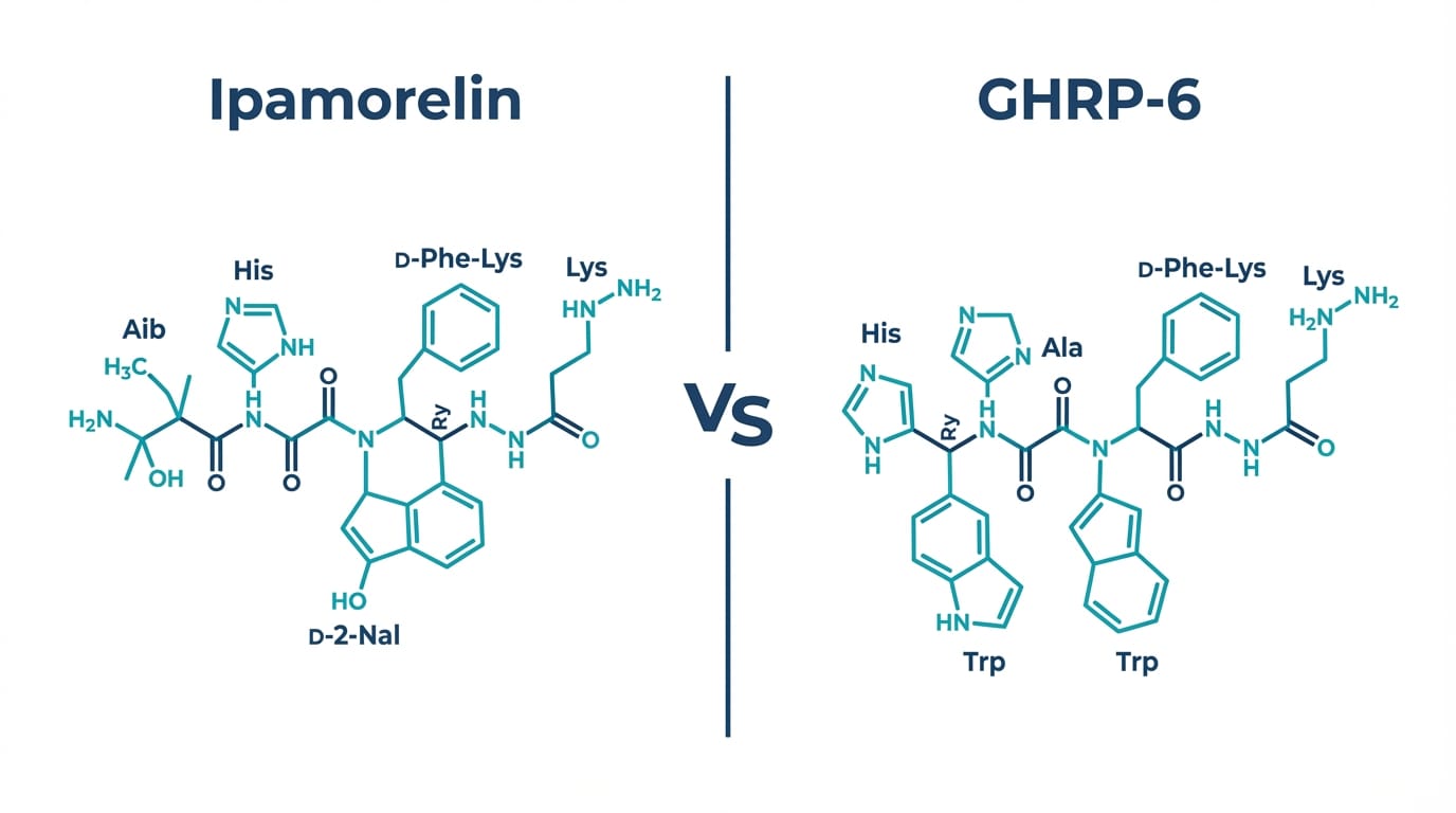 ipamorelin vs GHRP-6 peptide molecular structures side-by-side scientific comparison visualization
