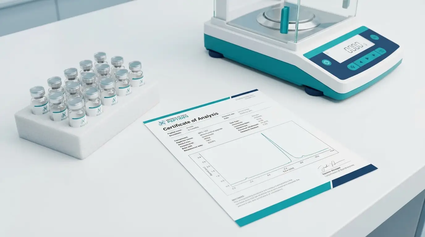research-grade peptide vials with Certificate of Analysis and HPLC chromatogram on laboratory bench