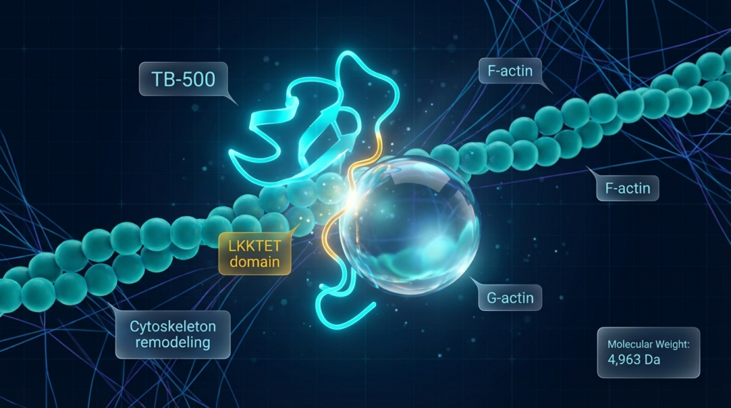 TB-500 Thymosin Beta-4 peptide binding to G-actin monomer via LKKTET domain - cytoskeleton remodeling research visualization