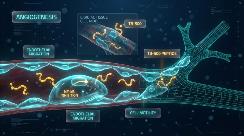 TB-500 angiogenesis research - endothelial cell migration and new vessel formation in vitro model visualization