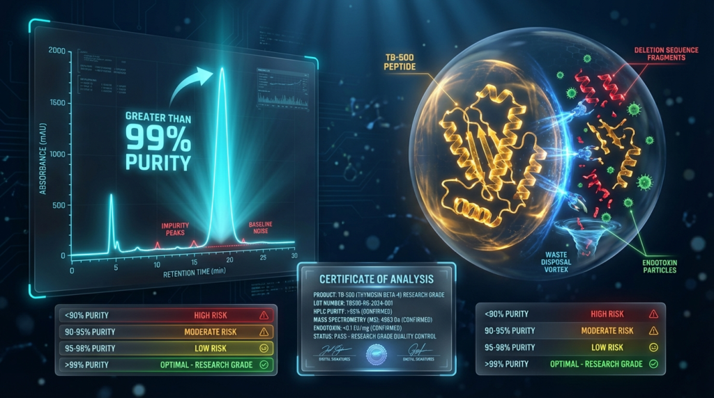 HPLC chromatogram showing >99% purity peak versus contaminant baseline signals. Endotoxin and deletion sequence impurities at sub-99% grades are the primary confounders of adverse-event data in published preclinical studies. For laboratory research use only.