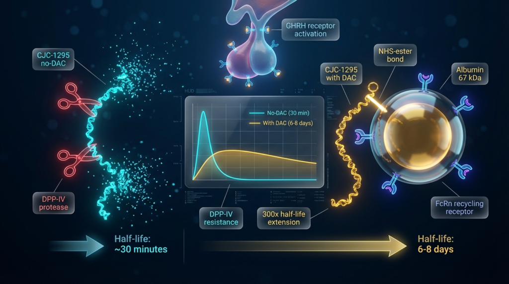 CJC-1295 no-DAC (cyan, ~30 min half-life) vs CJC-1295 with DAC (gold) covalently bound to albumin via NHS-ester group. Albumin's FcRn-mediated recycling mechanism extends half-life approximately 300-fold. 