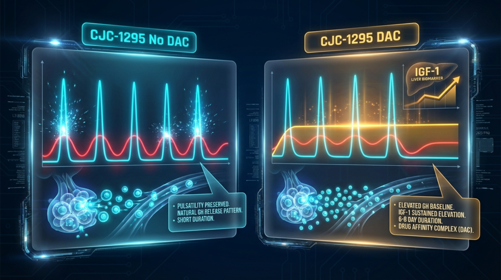 Ionescu and Frohman (2006) documented that pulsatile GH secretion persists under continuous CJC-1295 DAC stimulation, but rides on an elevated baseline. Left: pulsatile pattern with no-DAC short stimulation windows. Right: same pulse architecture preserved above a sustained GH floor with concurrent IGF-1 elevation. 