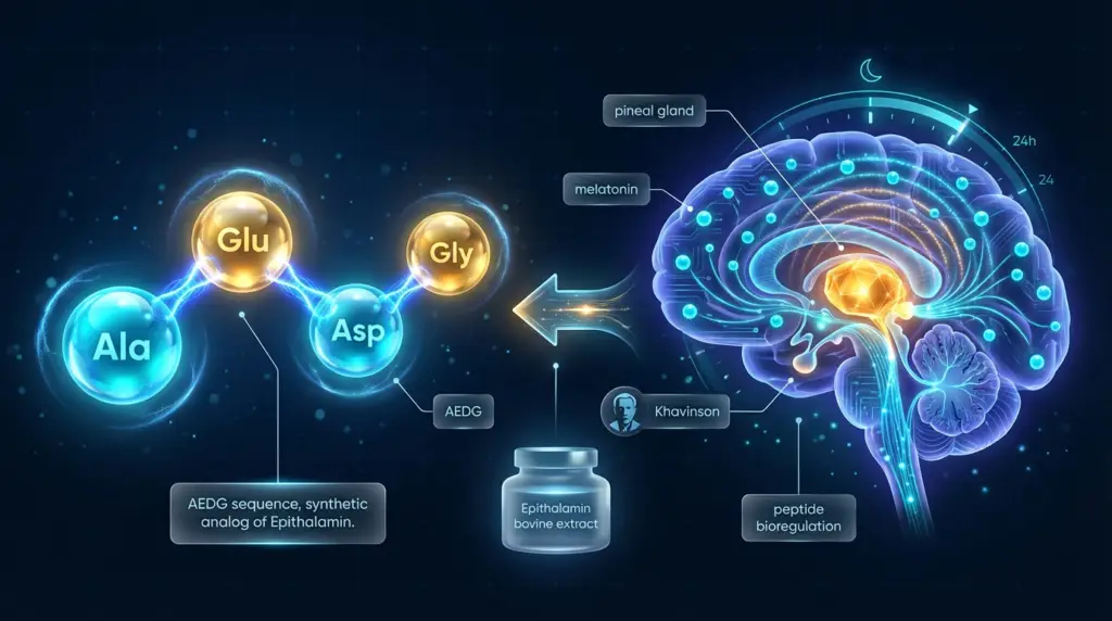 Epithalon (AEDG) as a synthetic analog of pineal-derived Epithalamin. Khavinson's peptide bioregulation framework proposes that short sequences from organ-specific tissues interact with neuroendocrine aging networks, including the pineal-melatonin-circadian axis