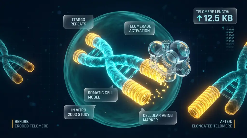 Khavinson et al. (2003) reported telomerase induction and telomere elongation in human somatic cells treated with Epithalon in vitro. Telomere shortening per cell division is a standard cellular aging biomarker; telomerase re-activation is a primary endpoint in longevity-focused in vitro research.