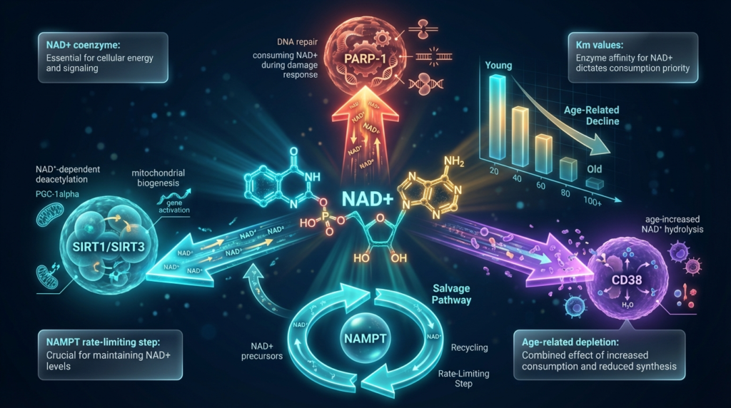 NAD+ serves as co-substrate for three competing enzyme families. PARP-1 (DNA repair) and CD38 (expression rises with age) consume progressively more NAD+ over time, outpacing NAMPT-mediated salvage recycling and starving sirtuins of their required co-substrate.