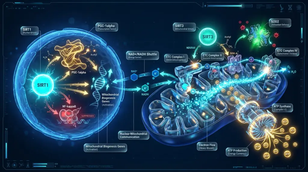 SIRT1 (nucleus) drives mitochondrial biogenesis via PGC-1alpha while suppressing NF-kappaB inflammatory signaling. SIRT3 (mitochondrial matrix) maintains ETC Complex I-IV integrity, activates SOD2 antioxidant defense, and regulates acetyl-CoA metabolism. Both arms require NAD+ as co-substrate and lose activity proportionally as NAD+ declines with age.